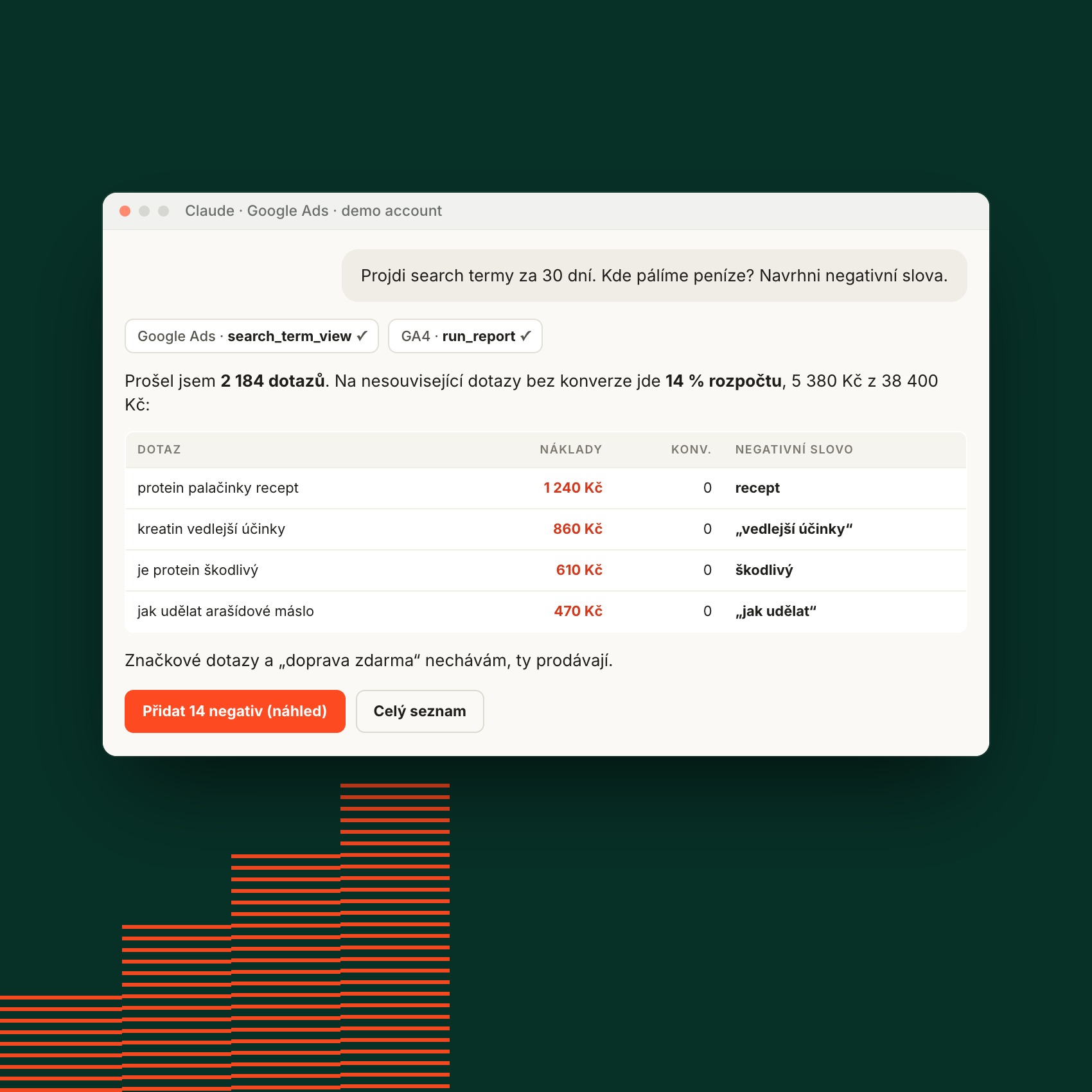 AI assistant suggesting negative keywords from search terms, demo account