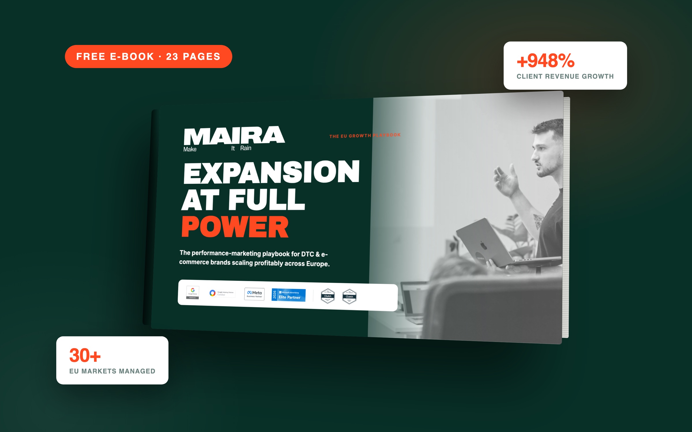 Expansion at Full Power: free 23-page EU Growth Playbook by MAIRA, e-book mockup