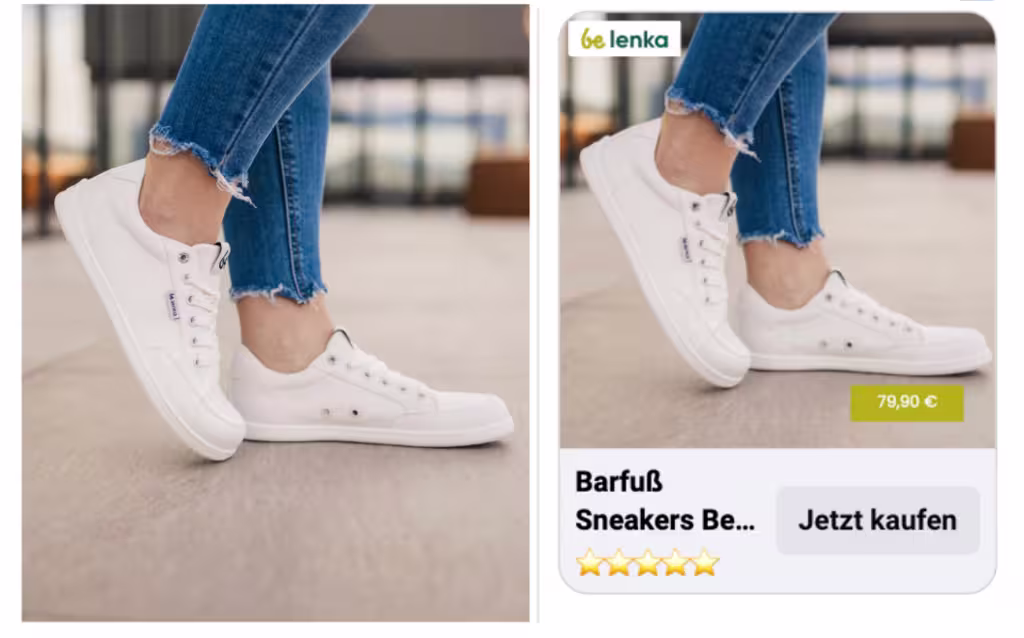 White low-top sneakers on cropped blue jeans; ad panel shows price 79,90 €, and a 'Jetzt kaufen' button with a five-star rating.