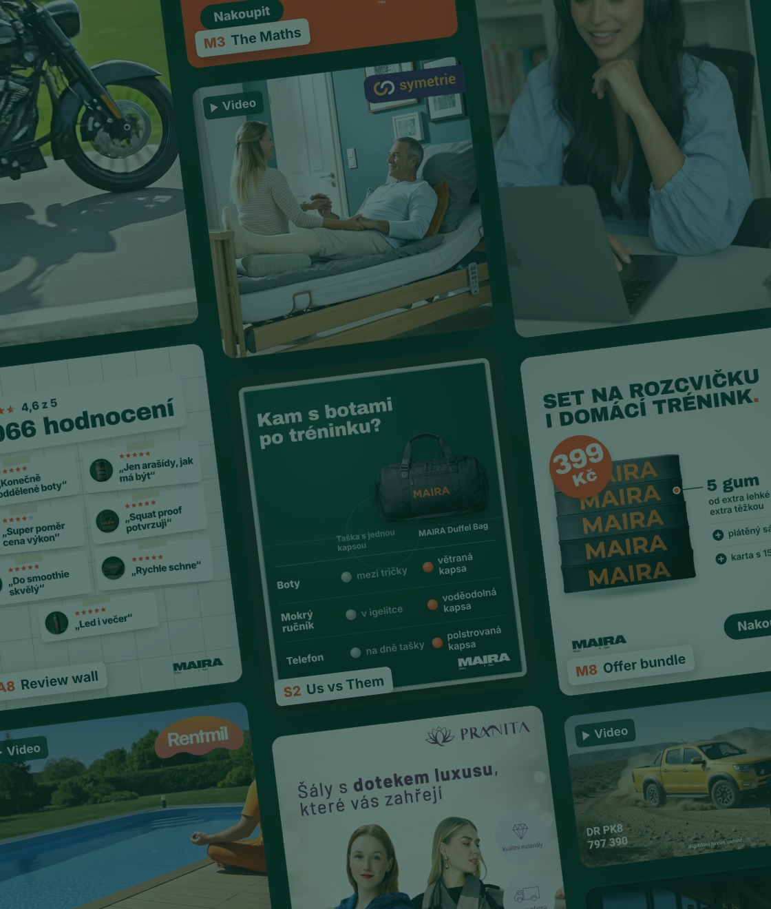 Ad creative examples: client campaign videos and banners from the MAIRA Shop demo store with angle IDs