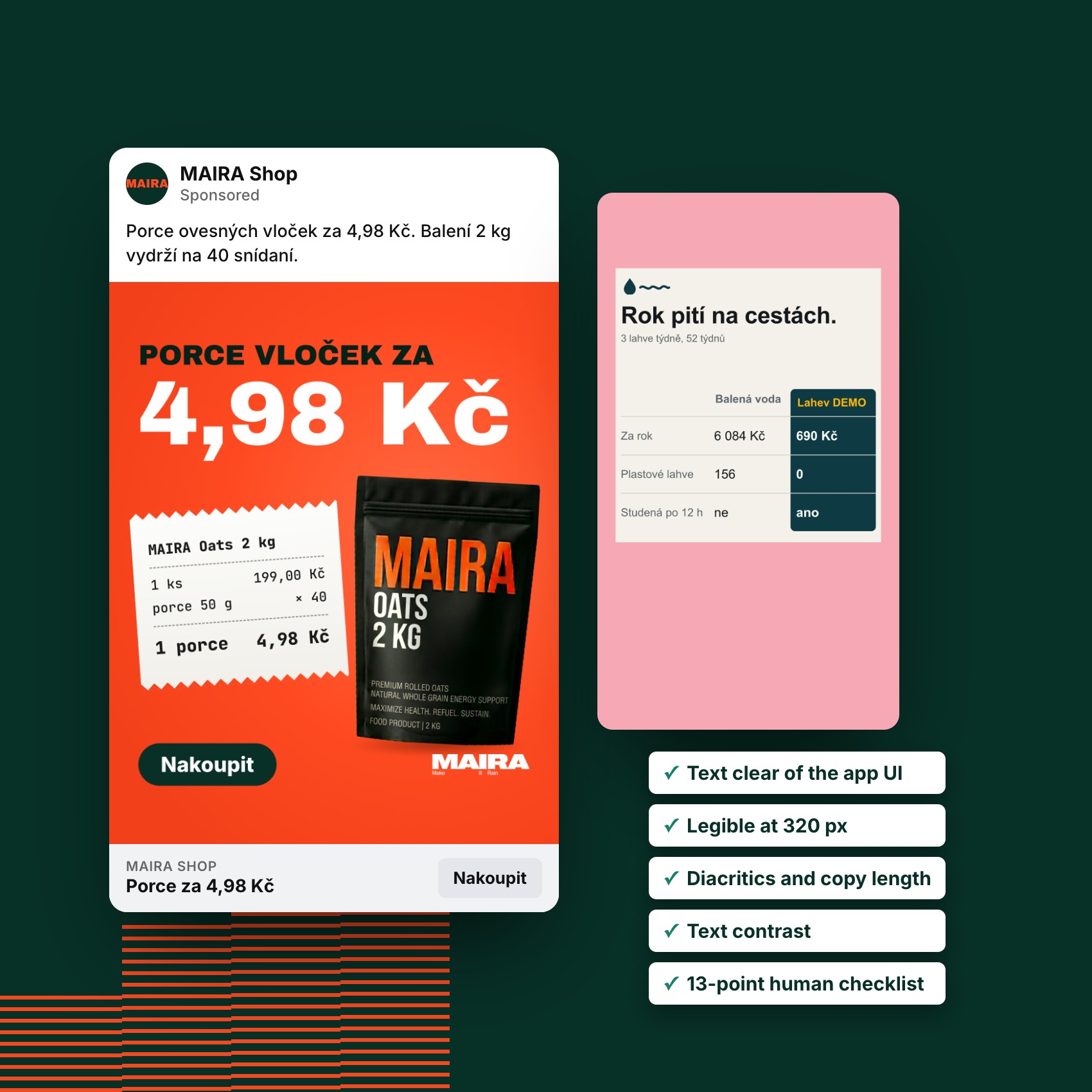 Feed preview of an ad with its copy and a 9:16 banner check with the app interface zones
