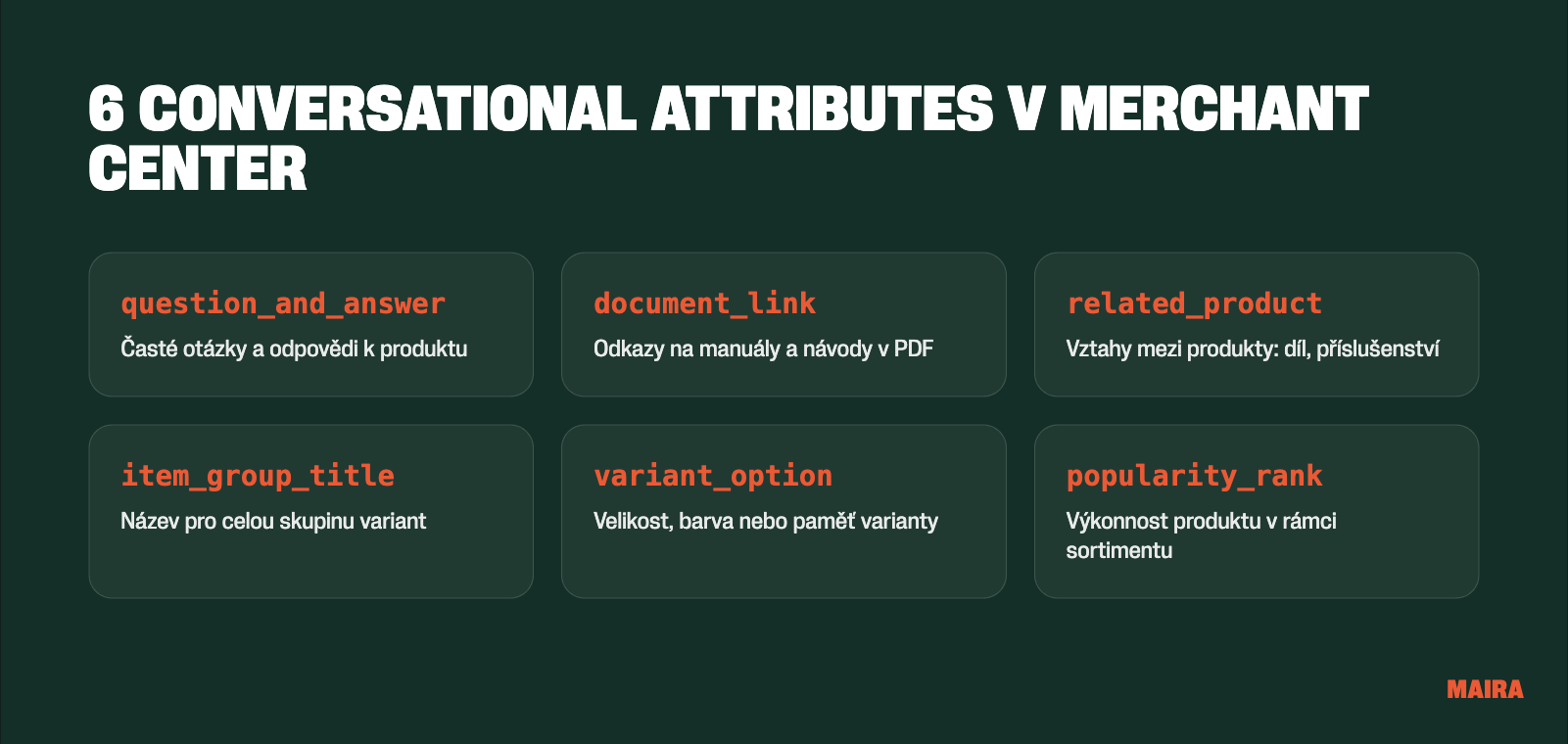 Přehled šesti conversational attributes v Google Merchant Center