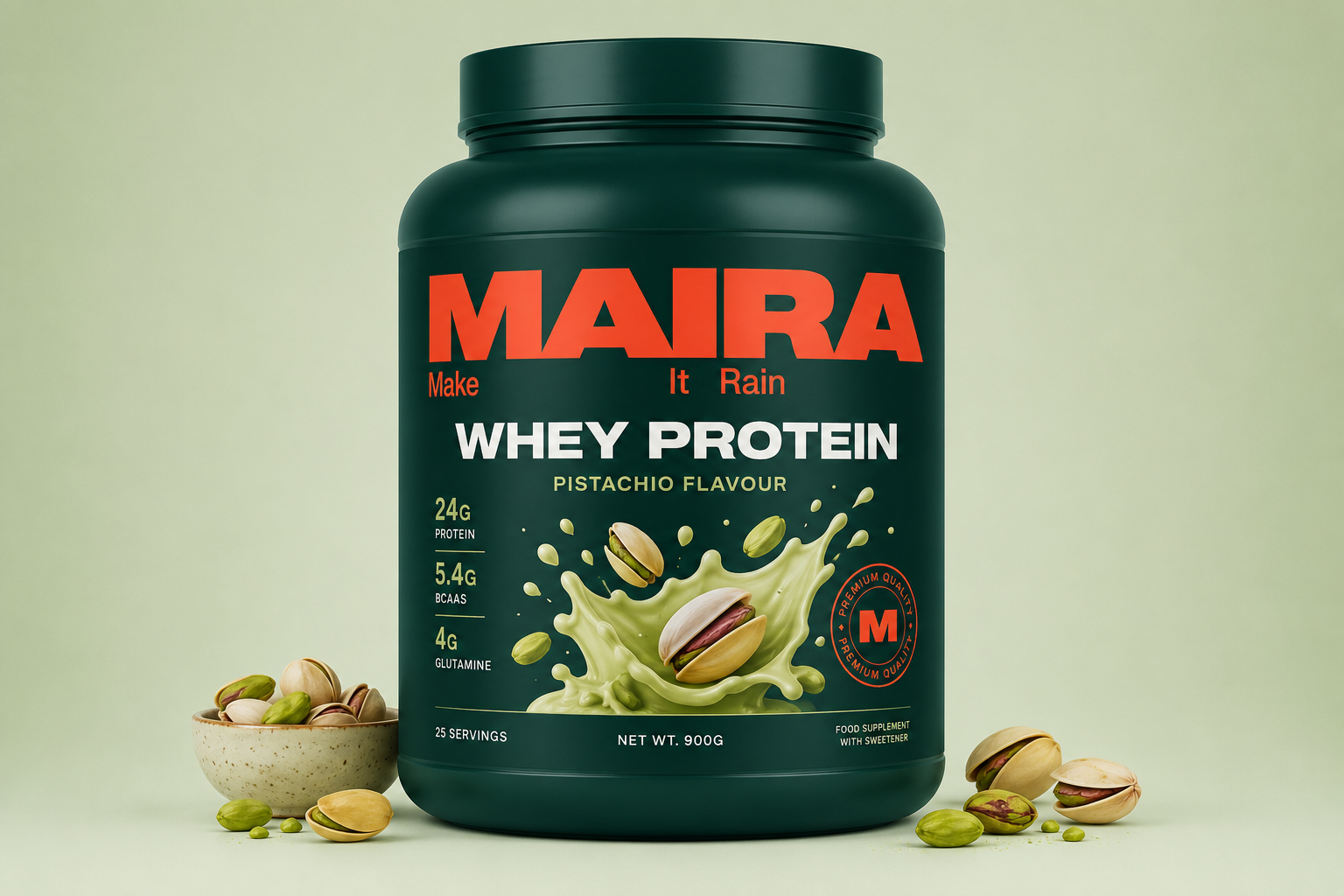 Dark green MIRA whey protein container with pistachio flavor, splash graphic and pistachio nuts around the bottle backdrop.