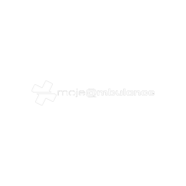 Logo with a white medical cross icon and the brand name 'moje@mbulance' in white on a black background.