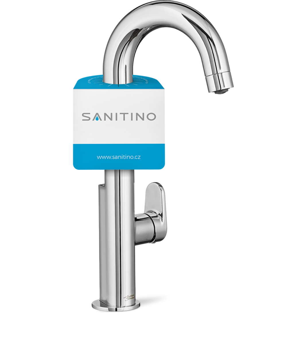 Chrome kitchen faucet with blue-and-white Sanitino locking device attached, blocking the handle
