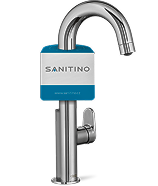 Chrome water faucet fitted with a blue locking device labeled SANITINO to prevent unauthorized use