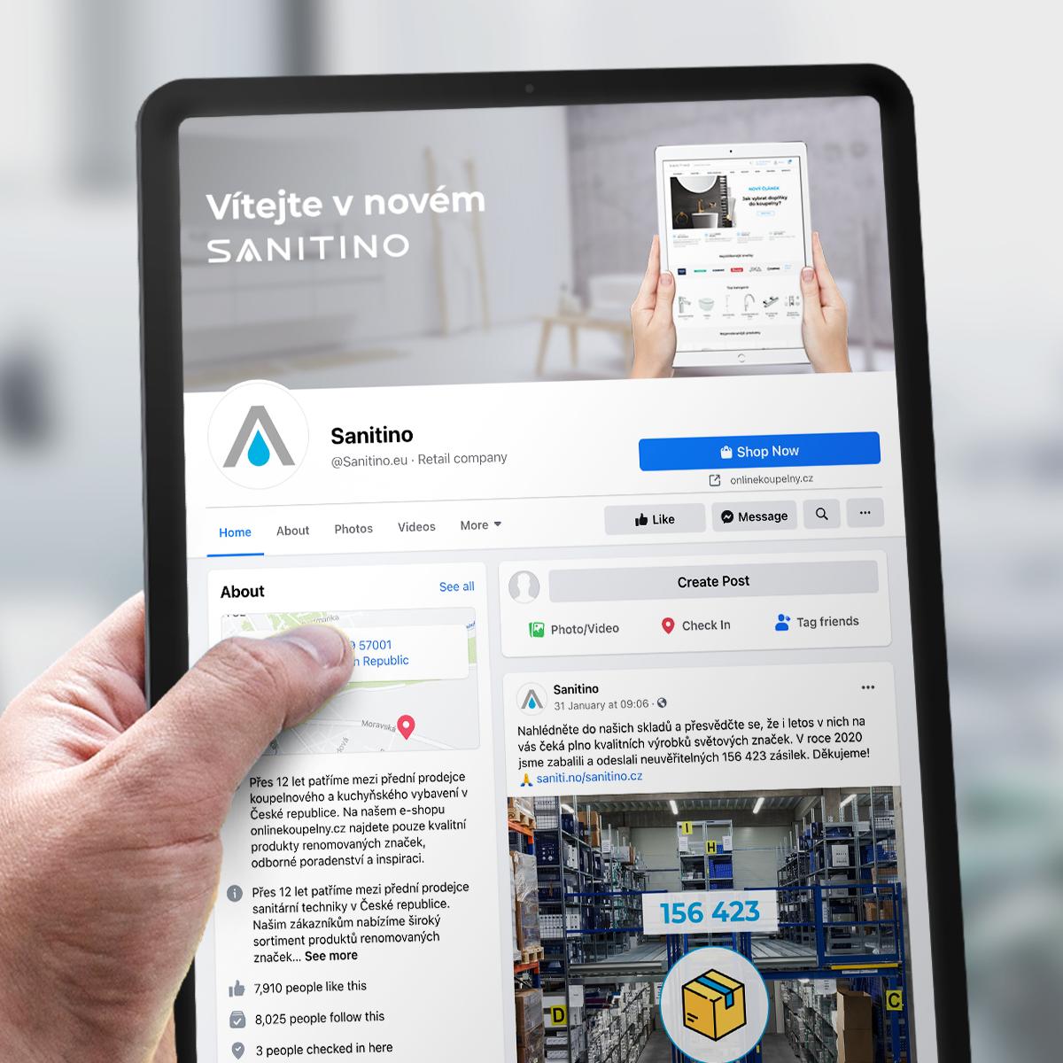 Hand holding a tablet that displays a mock Facebook page for 'Sanitino' with a logo, cover image, and a prominent 'Shop Now' button on the screen.